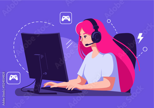 Flat vector of a gamer sitting in front of a curved monitor wearing a headset
