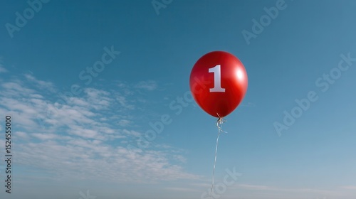 Red balloon number one floating in blue sky with clouds