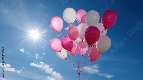 Pink and white balloons floating in sunny blue sky