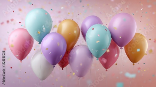 Colorful balloons floating with falling confetti on pink background
