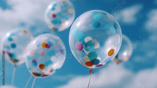 Colorful confetti balloons floating in the blue sky