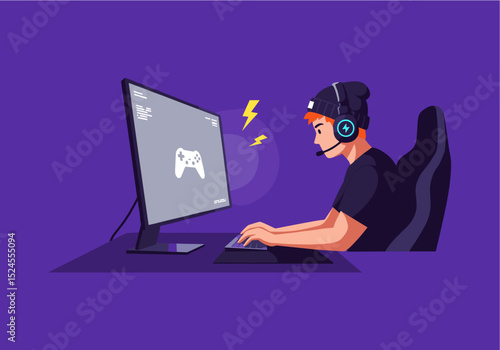 Flat vector of a gamer sitting in front of a curved monitor wearing a headset