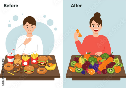 Flat vector of person replacing junk food with fruits on a table.