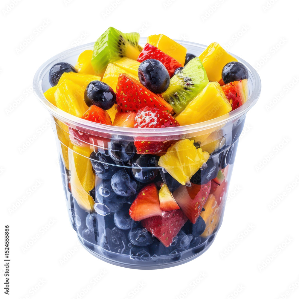 Fresh fruit salad featuring vibrant mix of strawberries, blueberries, kiwi, pineapple, and other assorted fruits in clear plastic cup, perfect for healthy snack or dessert Fresh fruit salad featuring vibrant mix of strawberries, blueberries, kiwi, pineapple, and other assorted fruits in clear plastic cup, perfect for healthy snack or dessert