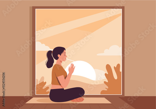 Flat vector of person doing breathing exercise near a window with sunrise view.