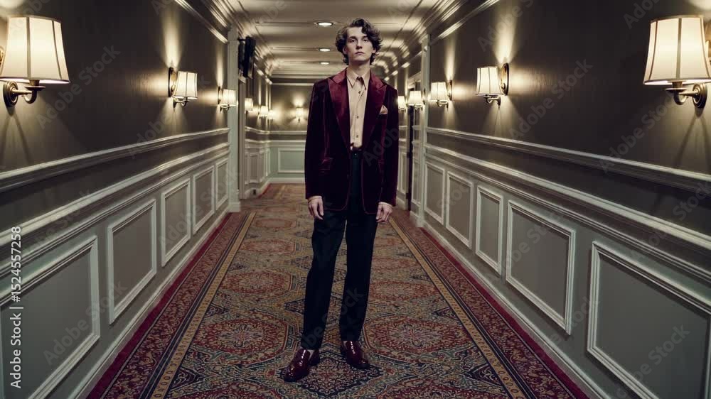 custom made wallpaper toronto digitalStylish Man in Velvet Blazer Standing in Vintage Hotel Hallway
