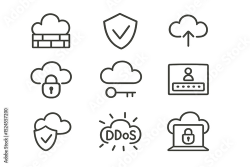 Cybersecurity icons: firewalls, encryption, cloud security, ddos protection symbols