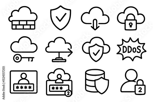 Cloud security icons set: firewall, encryption, backup, ddos, authentication