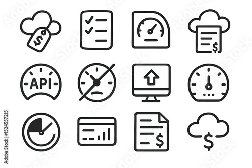 Cloud computing icons: api, analytics, financial metrics on grayscale background