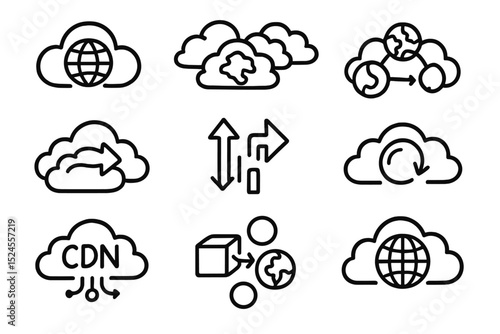 Cloud computing network icons for data transfer and global connectivity