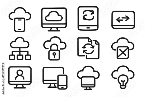 Cloud computing icons set with devices and data synchronization symbols