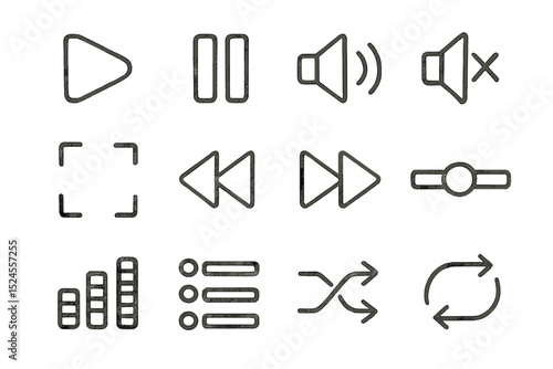 Brown background with black audio and video controls icons
