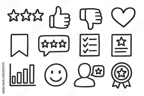 Hand-drawn rating icons with stars, thumbs, hearts, and charts in black outline