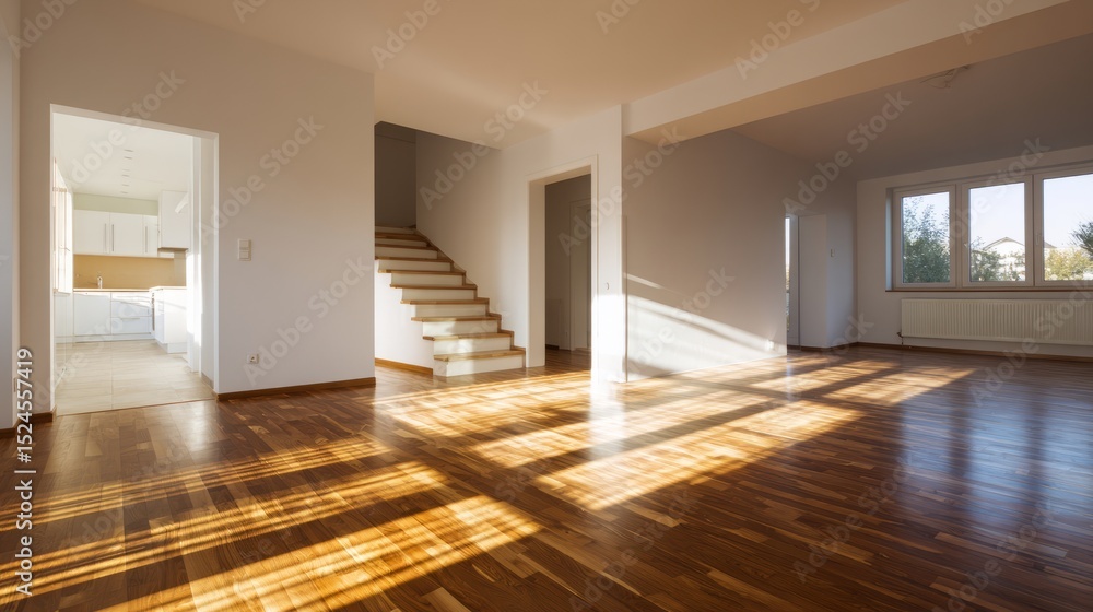 Obraz premium Modern living room with wooden floors and neutral walls, showcasing minimalist design and open space.