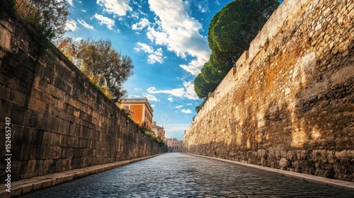 Fototapeta Naklejka Na Ścianę i Meble -  Ancient cobblestone street in Rome Italy with high stone walls under a blue sky