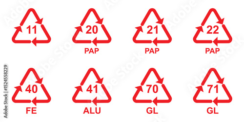 Recycling code symbols chart showing material identification numbers for plastics, batteries, paper, metal, biomaterials, glass, and composites. Vector icons for sorting and waste management. Icons. 