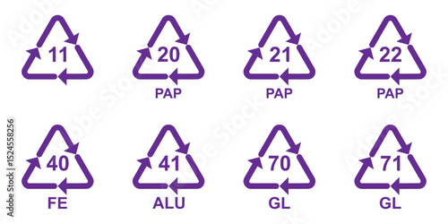 Recycling code symbols chart showing material identification numbers for plastics, batteries, paper, metal, biomaterials, glass, and composites. Vector icons for sorting and waste management. Icons. 