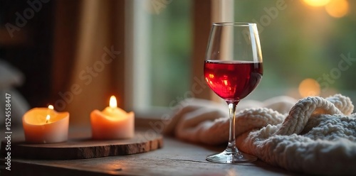 A glass of wine rests on a table next to a lit candle and a cozy blanket, embodying tranquility and relaxation , fireplace, cozy