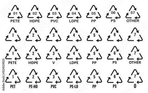 Paper recycling code icon set. Paper cardboard boxes recycling codes 1 to 7 for industrial and factory uses. Triangluar mobius strip pap recycling symbols isolated on white background. 