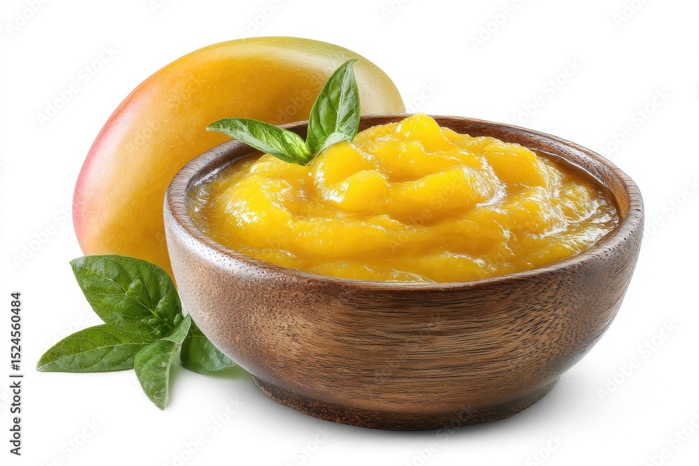 Jar of mango chutney on a white backdrop Jar of mango chutney on a white backdrop
