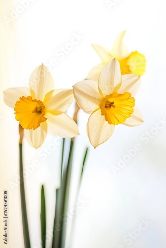 Photo of yellow daffodils on white blank background, dries van note style, studio light, sunlight, spring style, blur effect, movie 4d 