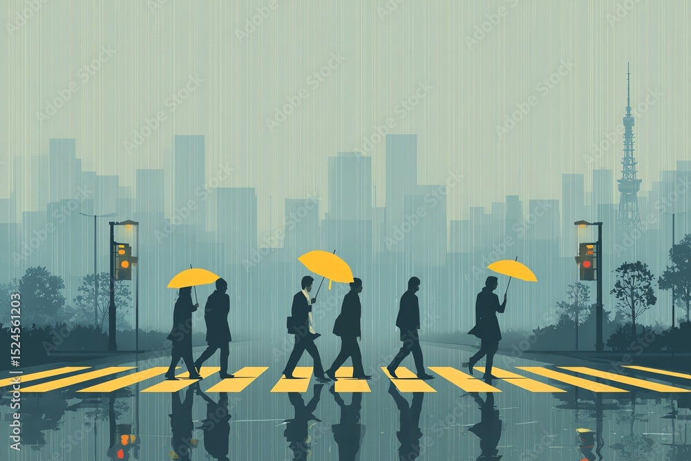 Obraz premium silhouette of people crossing street with umbrellas in rain, flat urban scene, vector minimalist style