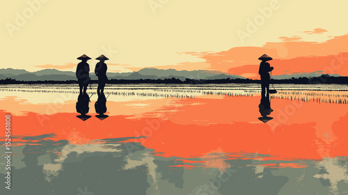 Classic poster-art of rural farmers planting rice seedlings in flooded fields under steady rain, traditional conical hats and water reflections in bold flat colors