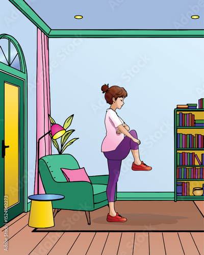 illustration design of senior woman standing side view, bent one leg exercise at home.  wear sport wear. comic art.eps