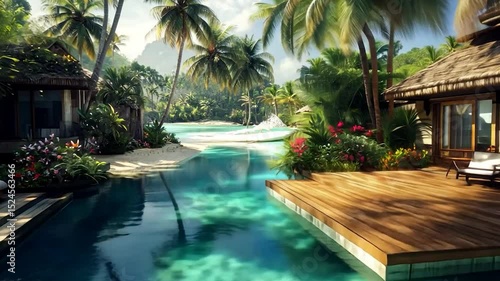 Wallpaper Mural Tropical Island Paradise with Pool and Cabana Torontodigital.ca