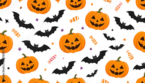 A repeating Halloween pattern featuring grinning jack-o'-lanterns, black bats, and scattered candy corn on a white background