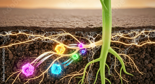 Plant Root System Absorbing Nutrients Depicted in Detailed Scientific Illustration