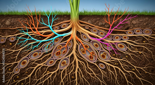 Plant Root System with Mycorrhizal Network and Nutrient Transport Illustration