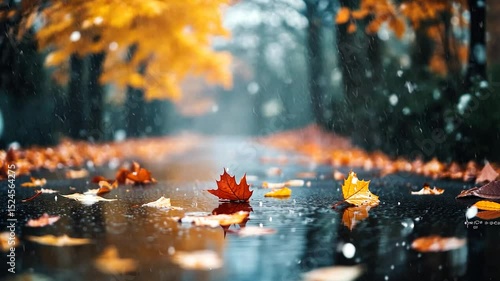 Rainy autumn scene with fallen leaves floating on a wet road surface, blurred background of trees
