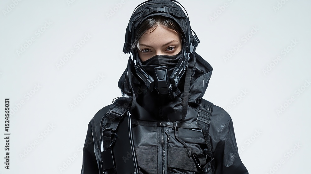 A woman in a black, futuristic tactical suit and mask, hood up, stares intensely at the viewer against a stark white background. She wears a harness and what appears to be a head-mounted device A woman in a black, futuristic tactical suit and mask, hood up, stares intensely at the viewer against a stark white background. She wears a harness and what appears to be a head-mounted device