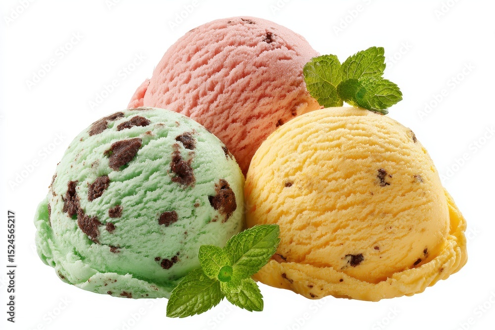 Fototapeta premium Scoops of mint chocolate chip strawberry and mango ice cream on a white background