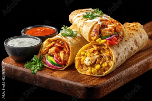 Selection of wraps Reshmi Tikka chicken tikka bhuna Aloo Corn or potato Corn rolls served with dipping sauce showcasing Indian street food from the side