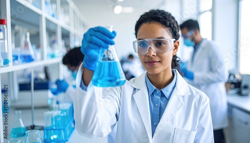 Focused Female Scientist in Lab Holding a Flask
