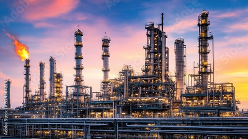 Wallpaper Mural Oil refinery with massive distillation towers, complex pipelines, and flare stacks, empty scene Torontodigital.ca