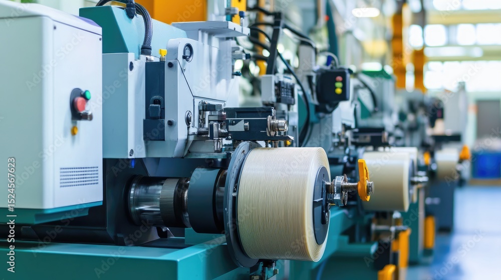 Plastic production line with molds, extrusion machines, and spools of finished materials Plastic production line with molds, extrusion machines, and spools of finished materials