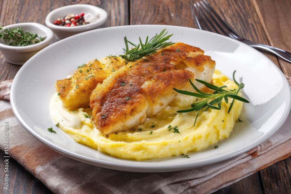 Top view of a plate featuring fried cod fillet mashed potatoes and cream sauce Top view of a plate featuring fried cod fillet mashed potatoes and cream sauce