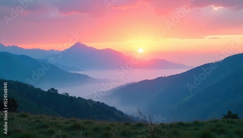 Serene landscape at dawn, mist shrouds the mountains, peaceful atmosphere, perfect for mindfulness and zen meditation Tranquil scene evokes calm and inner peace , calm, serenity