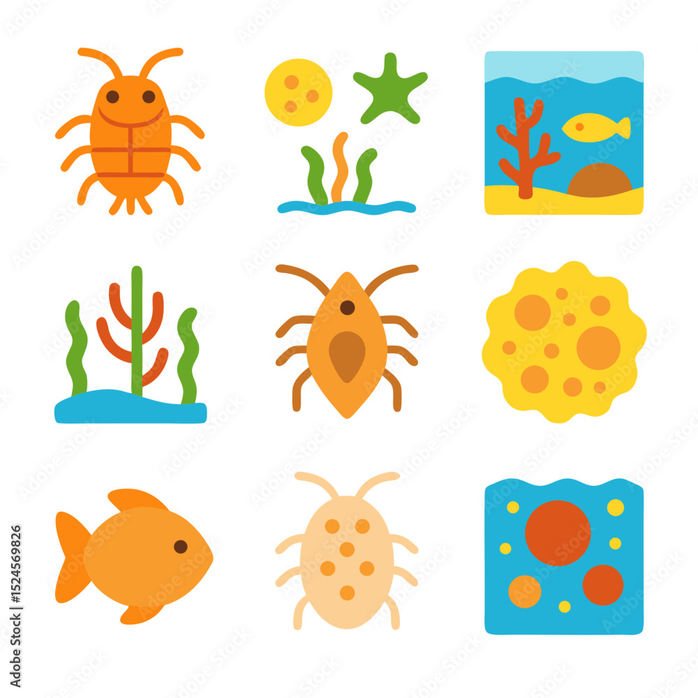 Fototapeta premium Plankton and other sea creatures are depicted in nine icons.