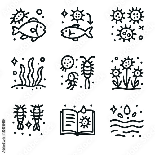 Plankton nine icons illustrate the impact of water pollution.