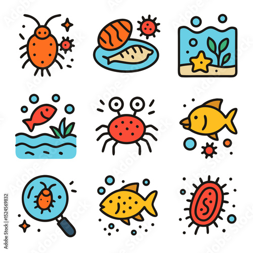 Plankton nine icons depicting various aquatic animals and insects.