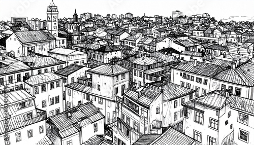 A dense, bird's-eye-view ink sketch of a historic European city, showcasing tightly packed buildings with varied rooflines, a church steeple prominent in the background