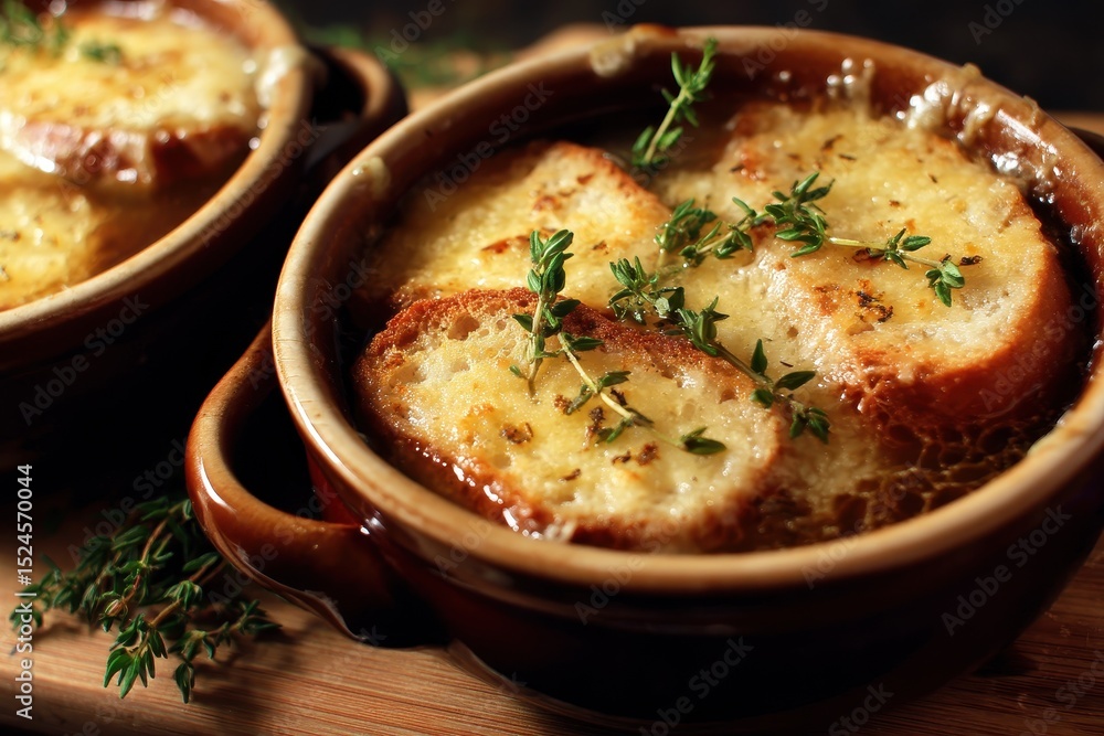 Traditional French onion soup topped with cheesy croutons and fresh thyme Traditional French onion soup topped with cheesy croutons and fresh thyme