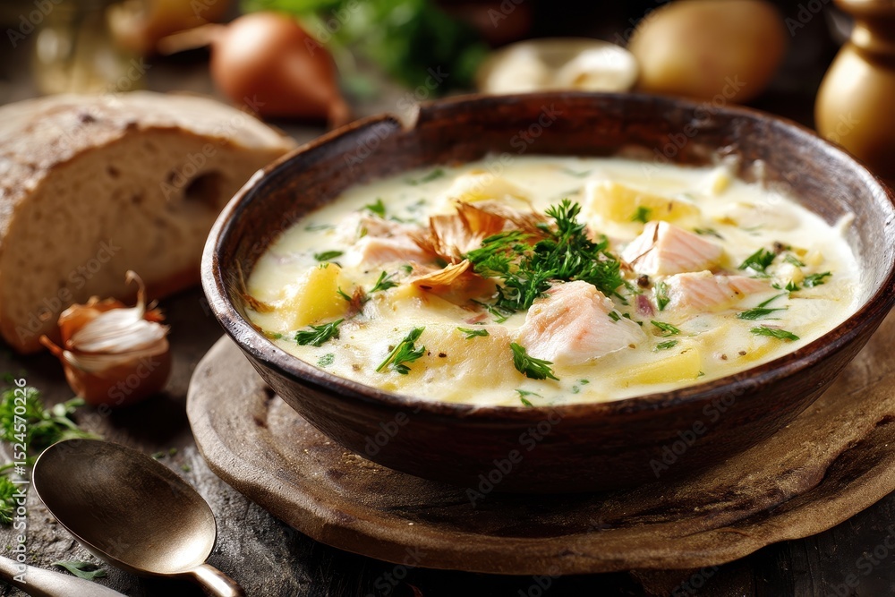 Traditional Scottish Cullen Skink featuring smoked haddock potatoes and onions served on a plate Horizontal view Traditional Scottish Cullen Skink featuring smoked haddock potatoes and onions served on a plate Horizontal view