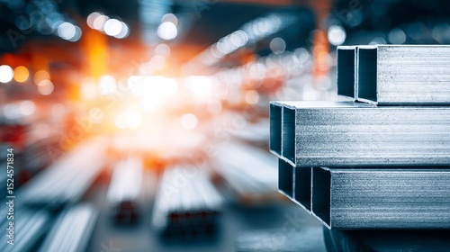 Stacked steel beams in close-up view representing trade barriers and economic protectionism, industrial strength and construction material concepts.