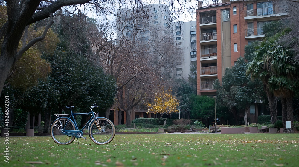 Fototapeta premium Blue vintage bicycle in a serene park setting with urban backdrop at dusk