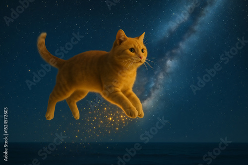 Realistic photo of a cat scattering stardust in the night sky over the ocean, positioned to the left, Generative AI